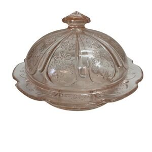 Jeannette Glass Butter Dish Pink Cherry Blossom Depression Glass VTG Cottagecore